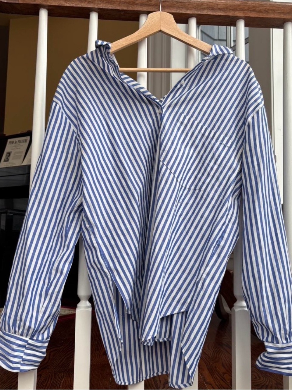 Zara Blue and White Diagonal Stripe Button-Down Shirt